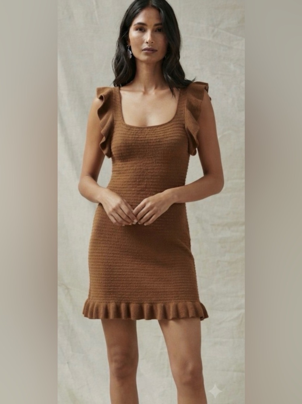 House of Harlow 1960 Sweater Dress Flutter Sleeve Brown Knit Ruffle